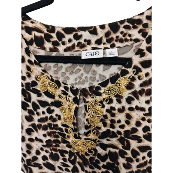 Cato Top Women Large Brown Cheetah Print Stretch Knit Tunic Beaded 3/4 Sleeve - Picture 6 of 7